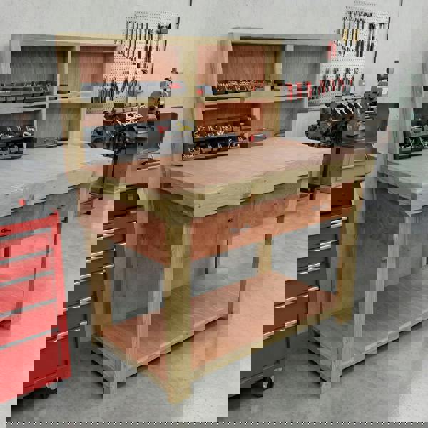 Wooden eucalyptus Top Workbench – Durable Tool Cabinet with Drawers and Back Panel, Ideal for Dry Indoor Spaces Such as Garages, Workshops, and Studios.