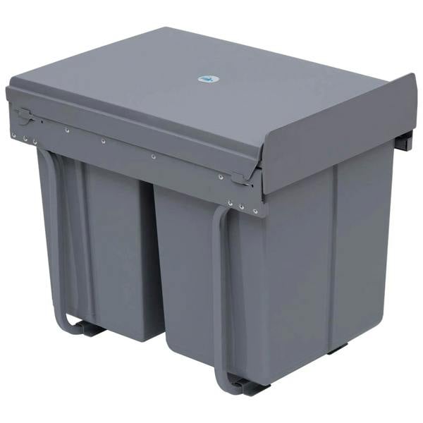 Grey pull-out kitchen recycling bin cabinet with three soft-close compartments