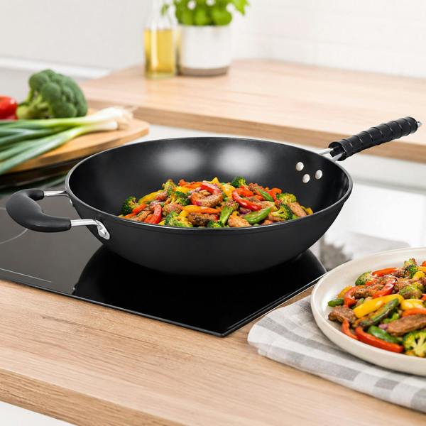 Gr8 Home 34cm Black Non Stick Carbon Steel Stir Fry Wok Pan