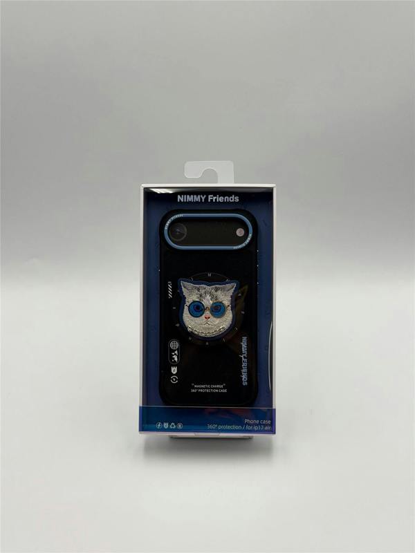 Nimmy Friends Nimmy Glass Cool Cat Face Case with Detachable MagSafe Grip Stand for iPhone 17 Air 6.5" Black Blue - N-YJKM-CXZJ-IP17-AIR-03