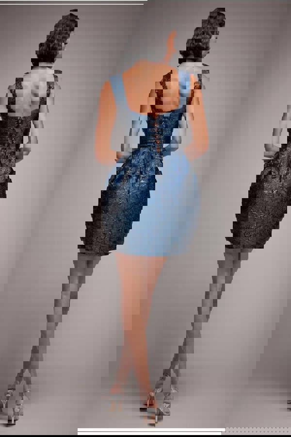 Corset Balloon Skirt Lace Up Back Mini Dress - Navy Blue DR4778