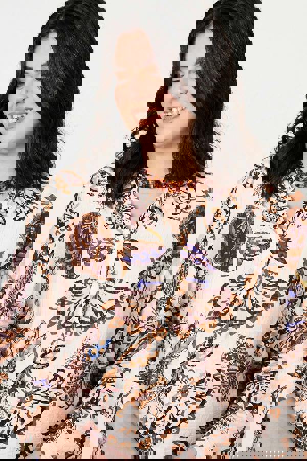 Red | Curve Floral Turn-Up Sleeve Blouse