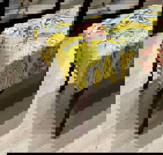 ISTOOLS Premium Zen Floral Footstool Ottoman – Yellow Bird Print Pouffe Footrest for Living Room Decor