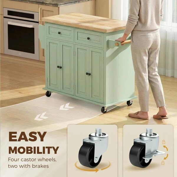 Rolling Kitchen Island Storage Trolley with Rubber Wood Top & Drawers for Dining Room, Light Green