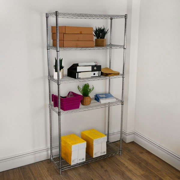 KuKoo Wire Racking unit in chrome finish, featuring five shelves, holding boxes, plants, and storage bins in a bright room