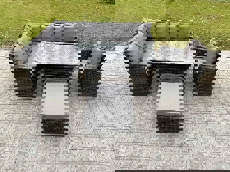 Fimous 8 Seater Outdoor Rattan Garden Furniture Set with Rectangular Dining Table Big Footstool Armchair Patio Wicker Corner Sofa Set Dark Grey Mixed