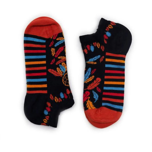 Pair of low-cut bamboo socks with dark background, multicolor stripes and floral prints
