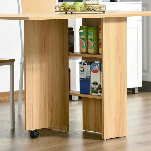 Teak drop-leaf folding table with side storage compartment and wheeled base
