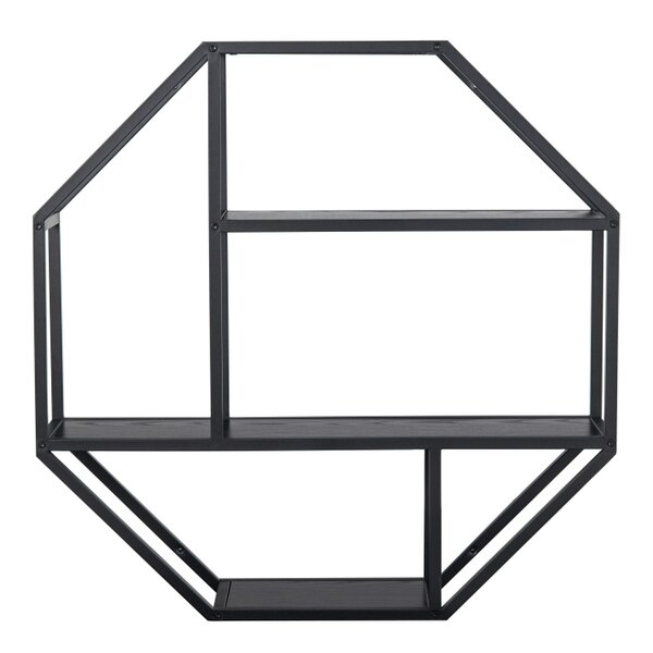 Wyld Haus El Paso Black Metal Octagonal Wall Shelf 4 Black Wooden Shelves