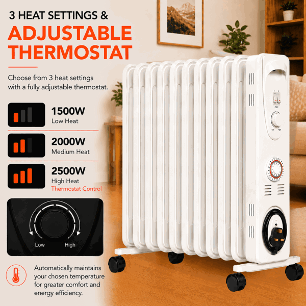 Mylek Oil Filled Electric Portable Heater Radiator with Adjustable Thermostat 2500w