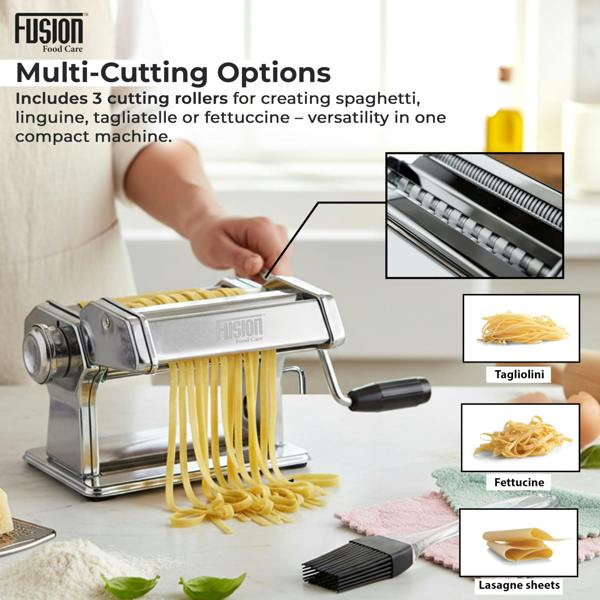 Fusion Food Care Pasta Maker Machine 3-in-1 430 Stainless Steel - for Spaghetti, Tagliatelle, Fettuccine, Lasagne Sheets Adjustable Spaghetti Maker