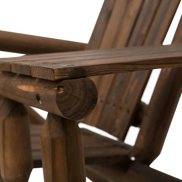 Carbonized wood patio bench arm and seat joint detail with slatted design.