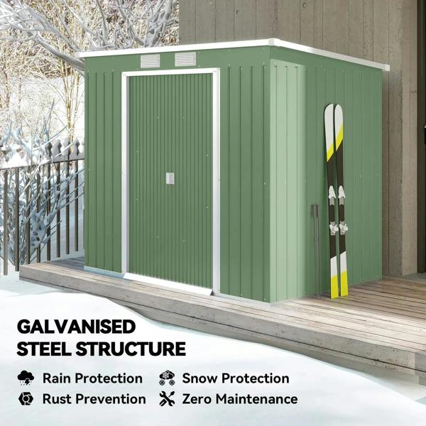Green galvanised steel garden shed corner view with double doors and skis on wall