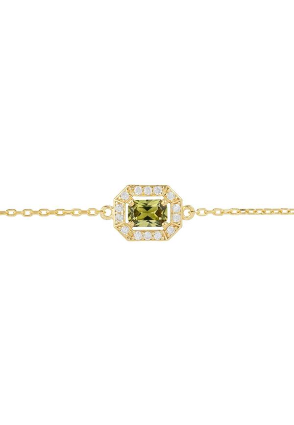 Gold bracelet with a green gemstone and diamond accents on a white background