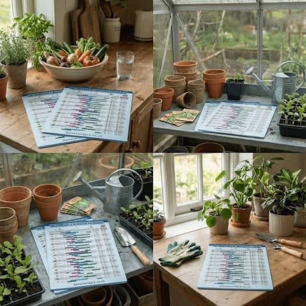 Close up of vegetable seed sowing chart showing color coded timelines for indoor and outdoor planting.