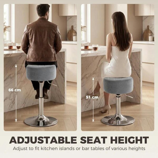 Bar Stool Adjustable Swivel Chair Velvet-Feel Seat 1 Piece, Grey