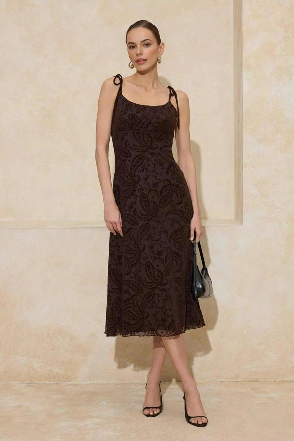 WOVCOR Floral A-Line Thin Strap Ruched Midi Tulle Knit Dress