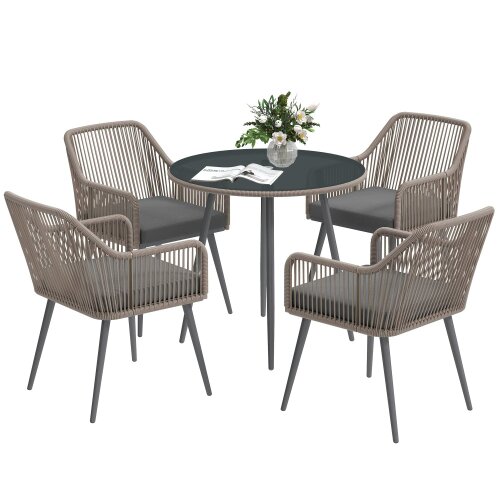 Wyld Haus Sudore Rele Rattan Light Brown 4 Seater Outdoor Dining Set With Cushions And Round Glass Table