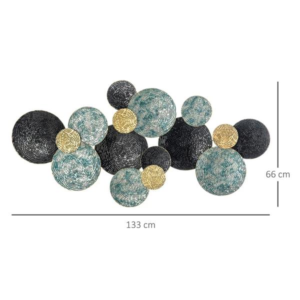 Modern circular metal wall sculpture cluster with blue, black, and gold disc accents