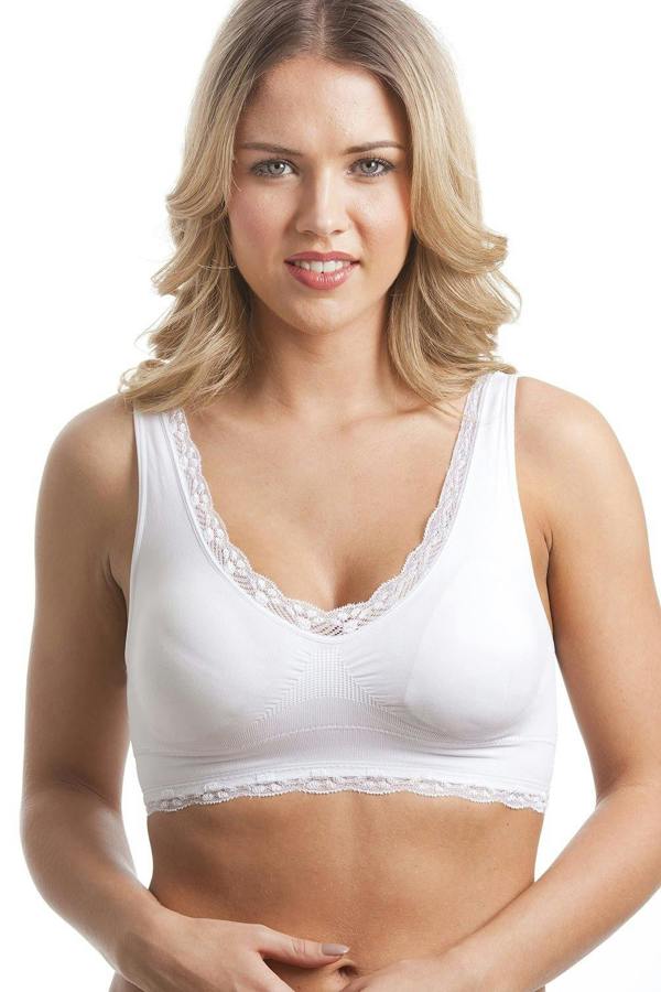 Camille Women's Non-Wire Bra in White Lace Trim Comfort Padded Lingerie