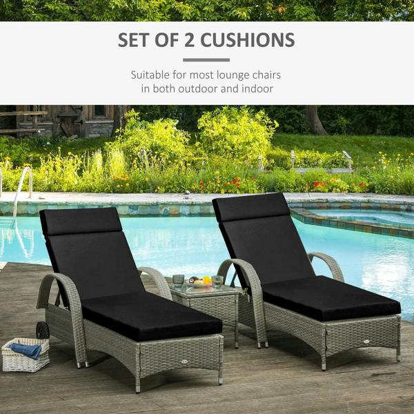 Set of 2 black sun lounger cushions on lounge chairs, with tie straps