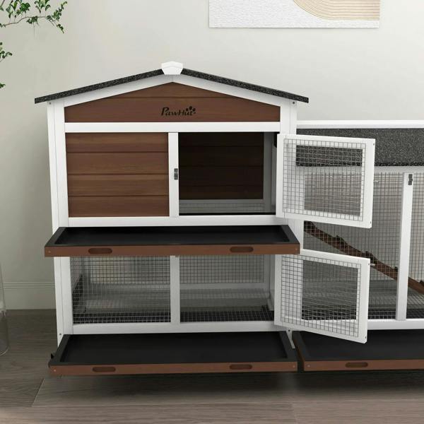 Brown wooden two-tier pet hutch with open front access, mesh panels, and dark roof