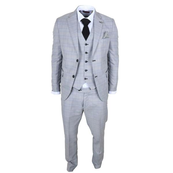 TruClothing IM53 - Men's Grey Check 3 Piece Tailored Fit Suit