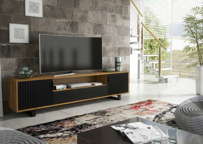 Mex Furniture Milled 200cm TV Unit with Oak Matt Body and Black Milled-Front Doors