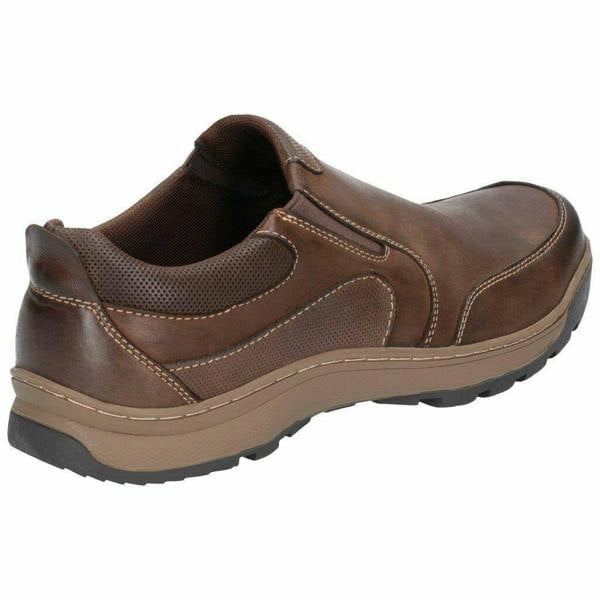 Hush Puppies Jasper Mens Casual Slip On Smart Leather Shoes, brown slip-on shoes with smooth leather finish, breathable interior, and durable rubber sole.