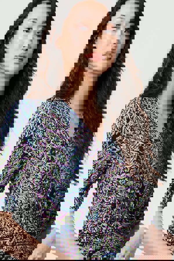 Navy | Leaf Print 1/2 Sleeve Faux Wrap Midi Dress
