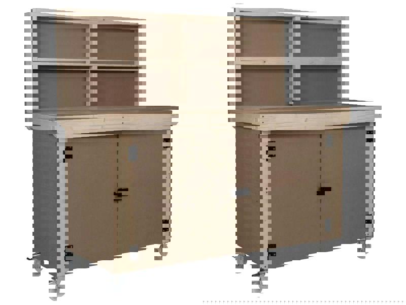 Arbor Garden Solutions Wooden MDF Top Workbench With Lockable Cupboard (V.9) with back panel, double shelf and wheels