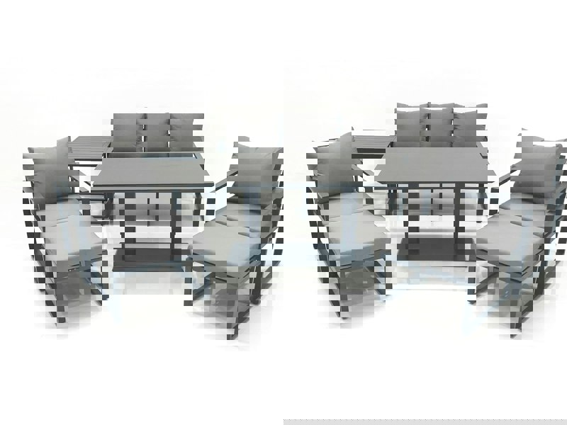 Fimous Outdoor Aluminium Garden Furniture Set with Adjustable Rising Lifting Dining Table 3 Seater Sofa 2 Chair 2 Big Footstools Side Table Dark Grey