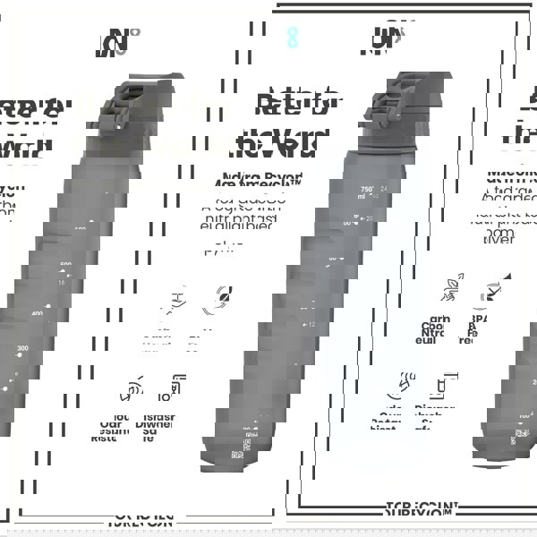 A gray water bottle sits on a white background. It is made from Recyclon™, a plant-based polymer. Measurements in milliliters and ounces are marked on its side.