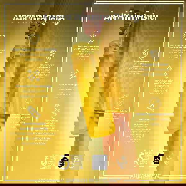 A yellow water bottle is held; its features are highlighted, including a hide-away handle, crevice-free design, contoured grip, hygiene cover, and wide mouth. The bottle is an award-winning design.