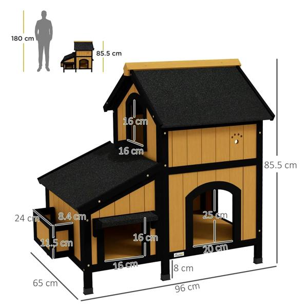 Wooden multi-level cat house with black shingle roof, two entrances, and front ramp platform