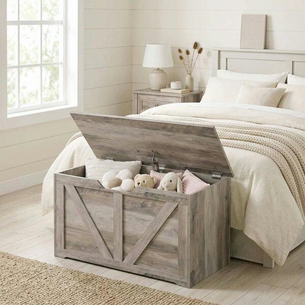 100L Home Storage Box, with Safety Hinge - Grey Wood-Effect