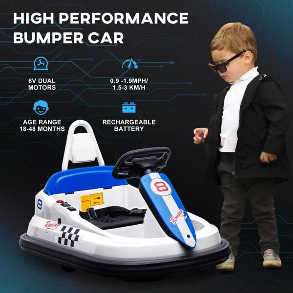Kids electric bumper car with black seat and blue front panel, standing child beside