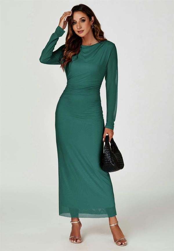 FS Collection Long Sleeves Mesh Maxi Dress In Green