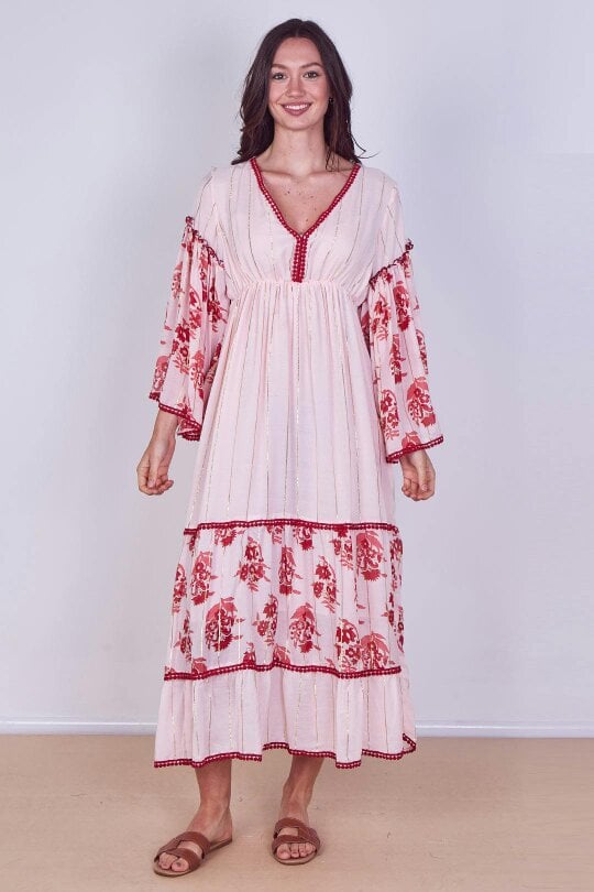 Bohemian Tiered Maxi Dress – Flowy Viscose Elegance - Red - Onesize (8-14)