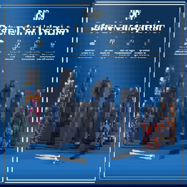 Several ION8 water bottles, in various sizes and designs, are displayed on a blue surface; accessories are also shown. "Refresh Your Hydration" is written above.