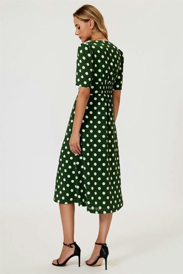 FS Collection Polka Dot Print Button Front Midi Dress In Green