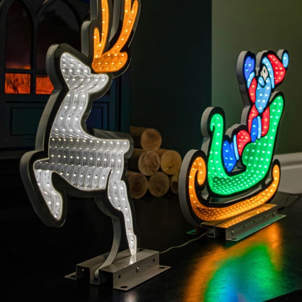 Samuel Alexander 75cm Infinity Santa in Sleigh with Reindeer on Metal Base and Multi-Coloured LEDs