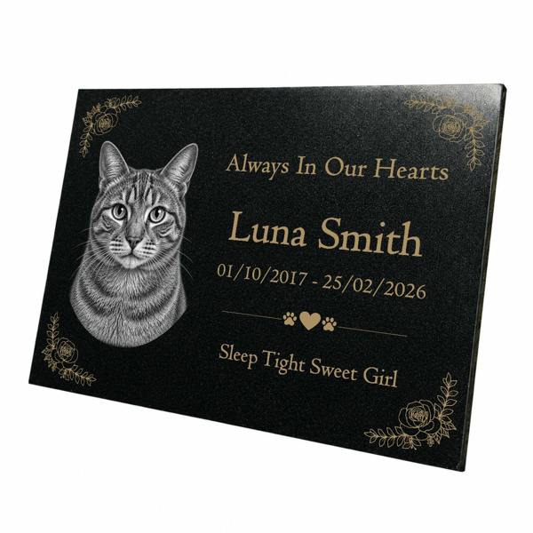 Memorials Direct Cat Memorial Granite Photo Plaque - Floral Design