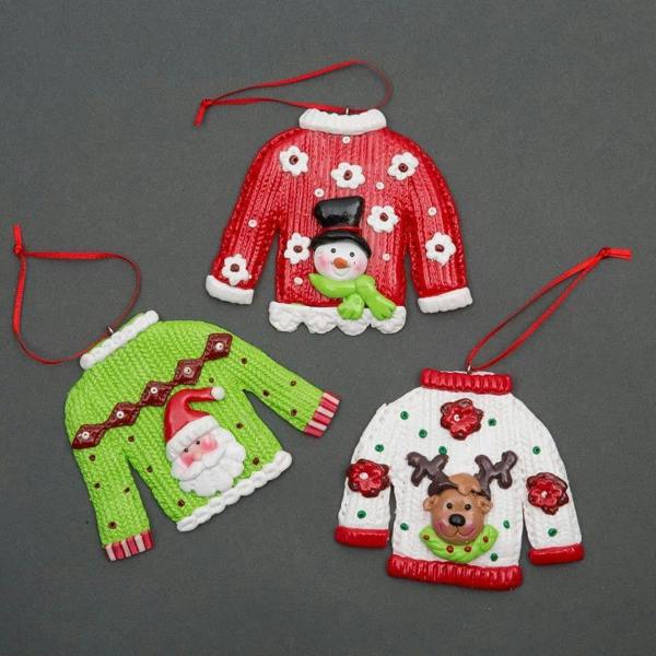 Ceramic Christmas Tree Hanging Decorations in Jumper Shapes, Multicolour Pack Sizes image 5