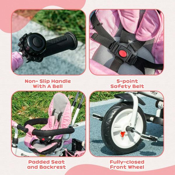 Pink kids trike close-up of 5-point safety belt, padded seat and pedals