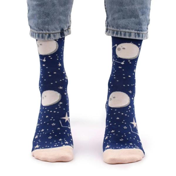 Navy bamboo crew socks with planet and star designs; full-foot view