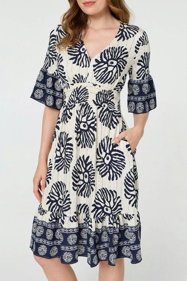Blue | Printed 1/2 Sleeve Knee Length Dress
