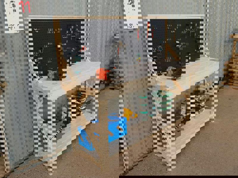 Wooden Kiln-Dry Workbench with Pegboard – Sturdy and Durable Workstation for Garages, Workshops, and Sheds with Tool Organization Panel, Available with Wheels or Without