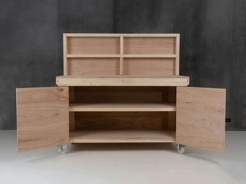 Arbor Garden Solutions Wooden Eucalyptus hardwood workbench with lockable cupboard (V.9) with back panel, double shelf, wheels