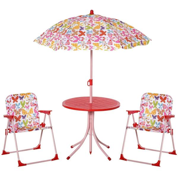 Kids bistro table and chairs set with butterfly umbrella, round red table and two fabric chairs